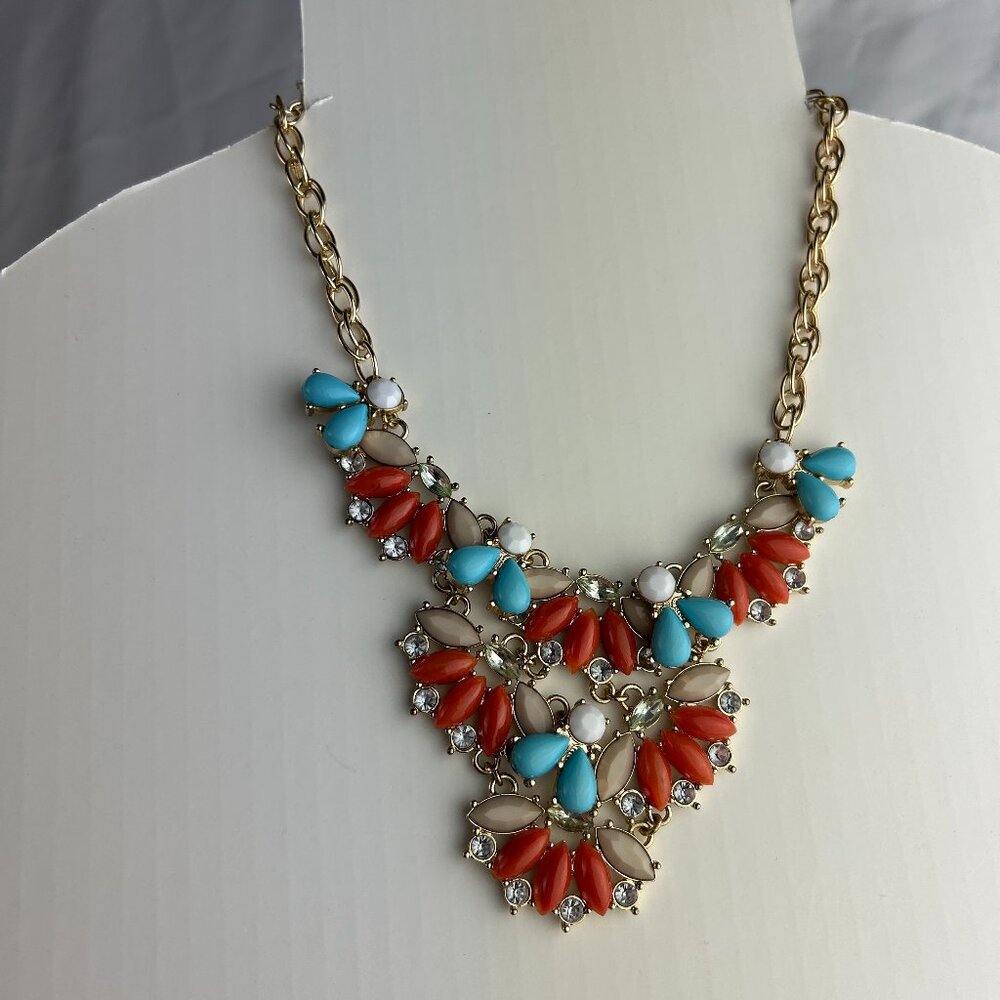 Vintage Lee Angel Women's Navette CRYSTAL Bib Necklace NWOT 100 3D RED TURQ